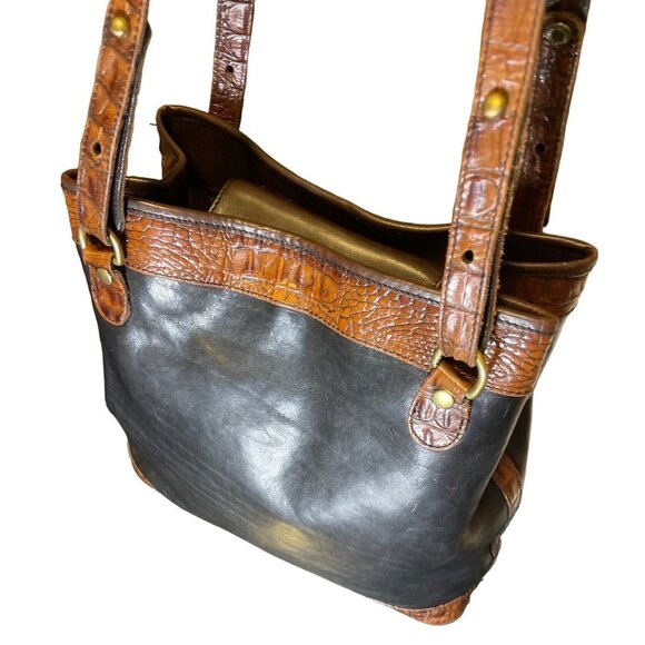 Vintage Brahmin Black Brown Croc Print Double Strap Bucket Handbag - Picture 6 of 14